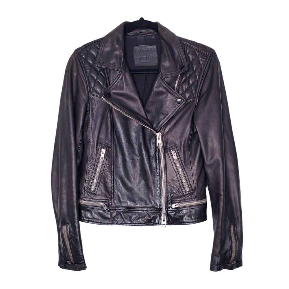 AllSaints Conroy Quilted Leather Zip Biker Jacket Black Asymmetric Size US 4 - Picture 4 of 11